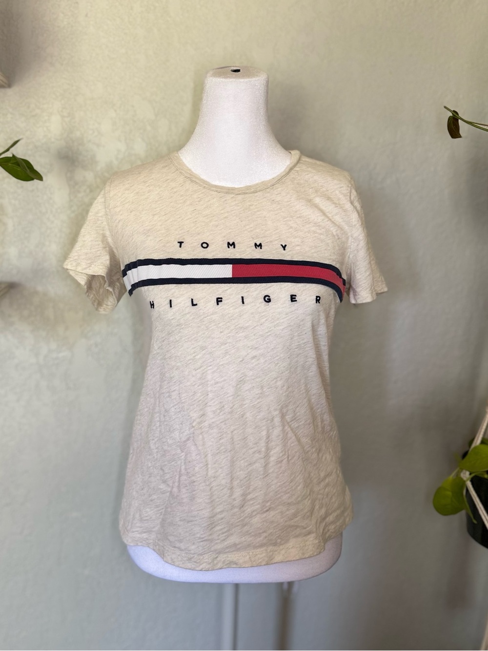 Tommy Hilfiger Cream Short Sleeve Logo Tee with Navy & Red Stripe